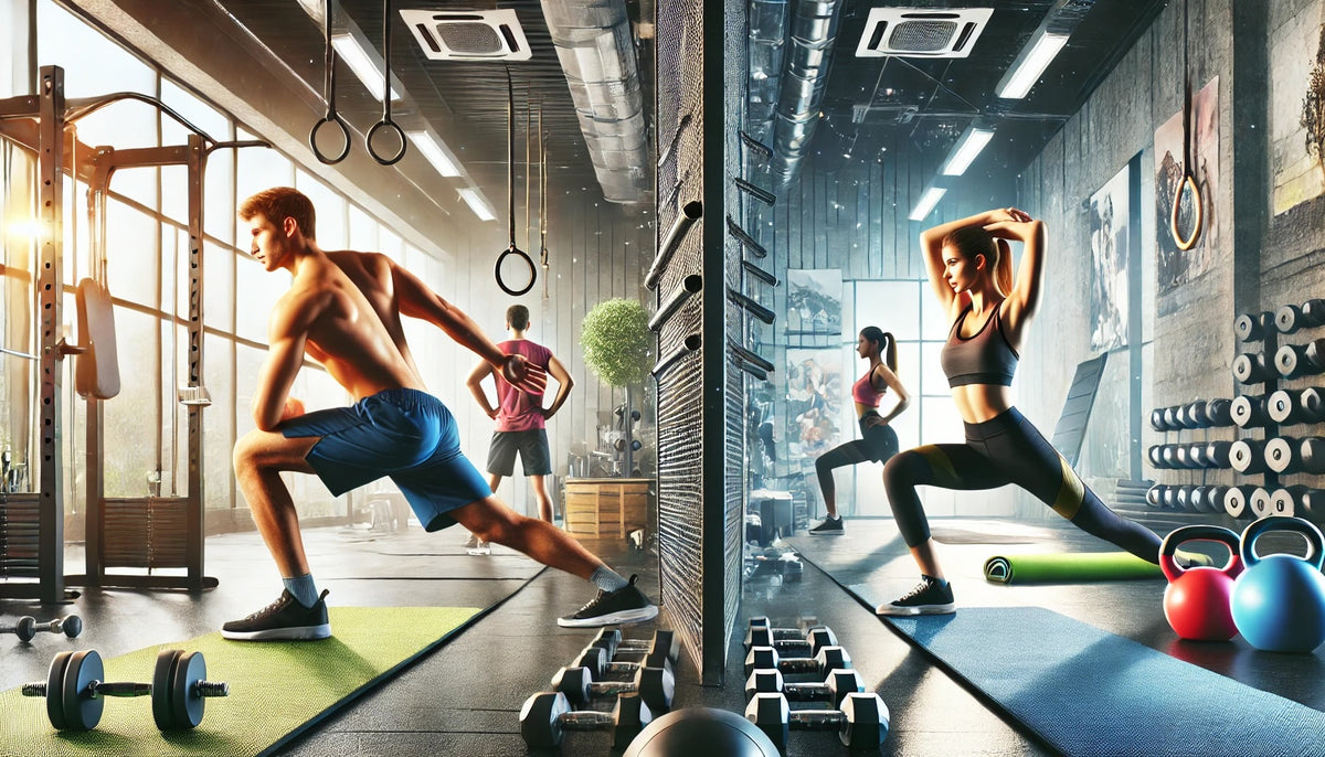 Duas pessoas a realizar alongamentos num espaço de treino