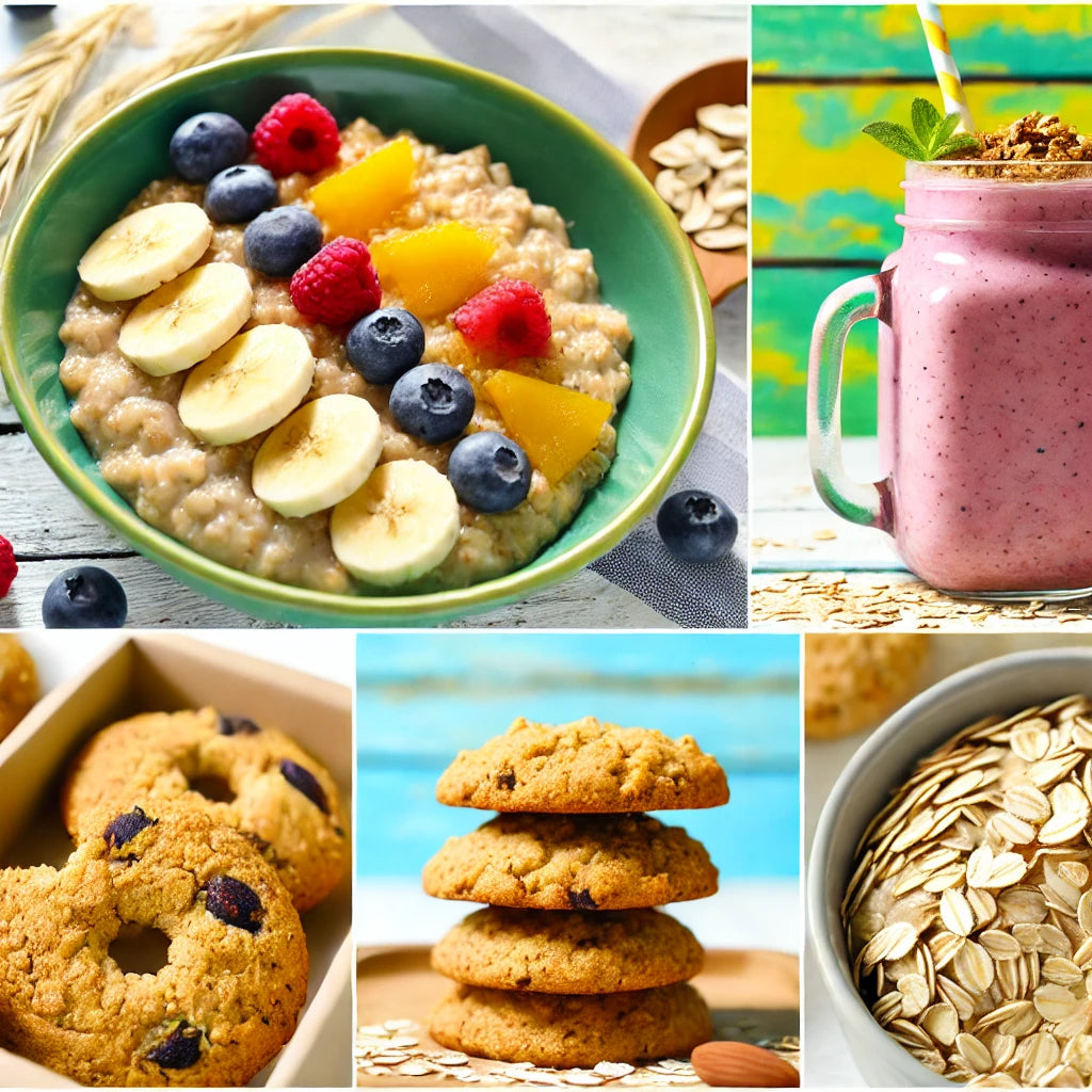 Composição de taças de aveia, fruta e outras preparações