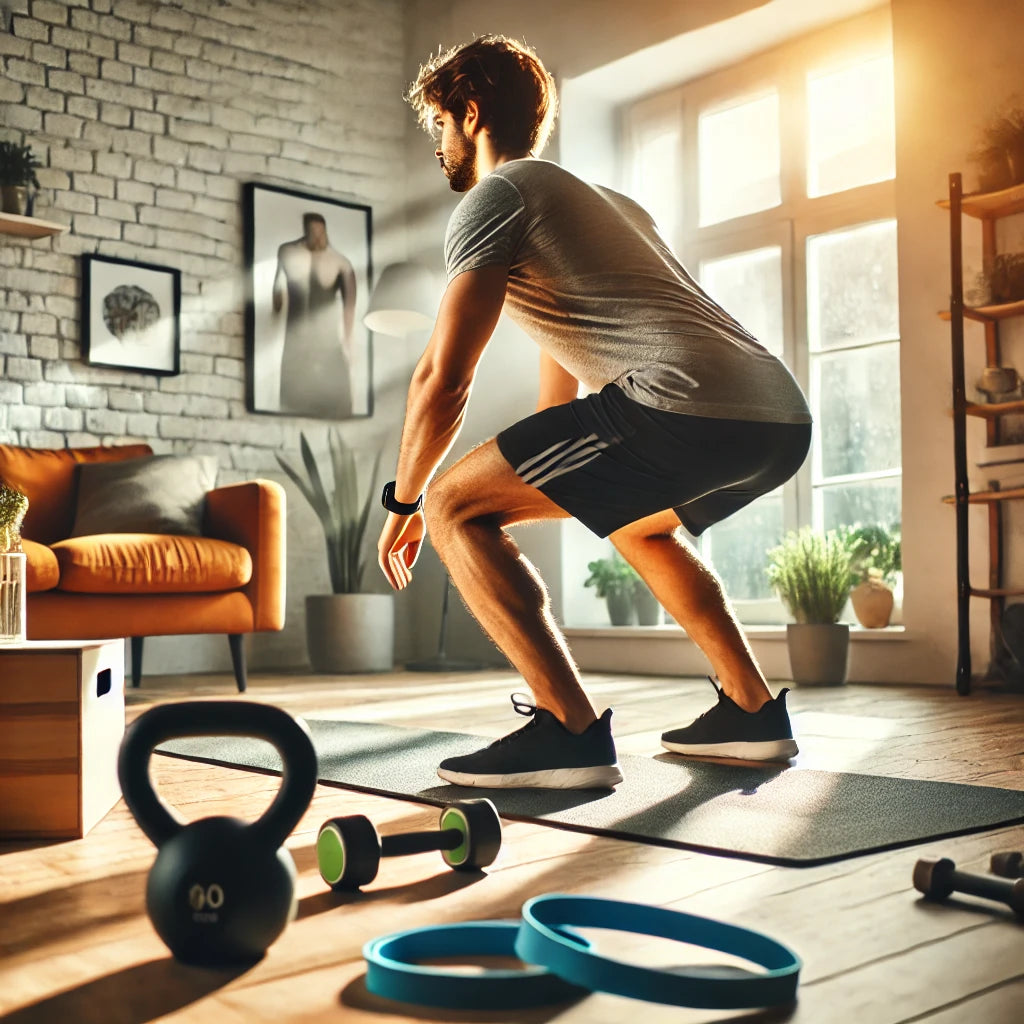Ilustração de um agachamento com kettlebell numa sala