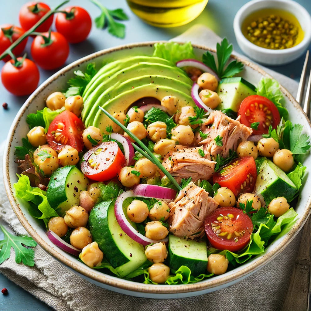 Receita Proteica para Almoço: Salada de Grão-de-Bico com Atum e Abacate