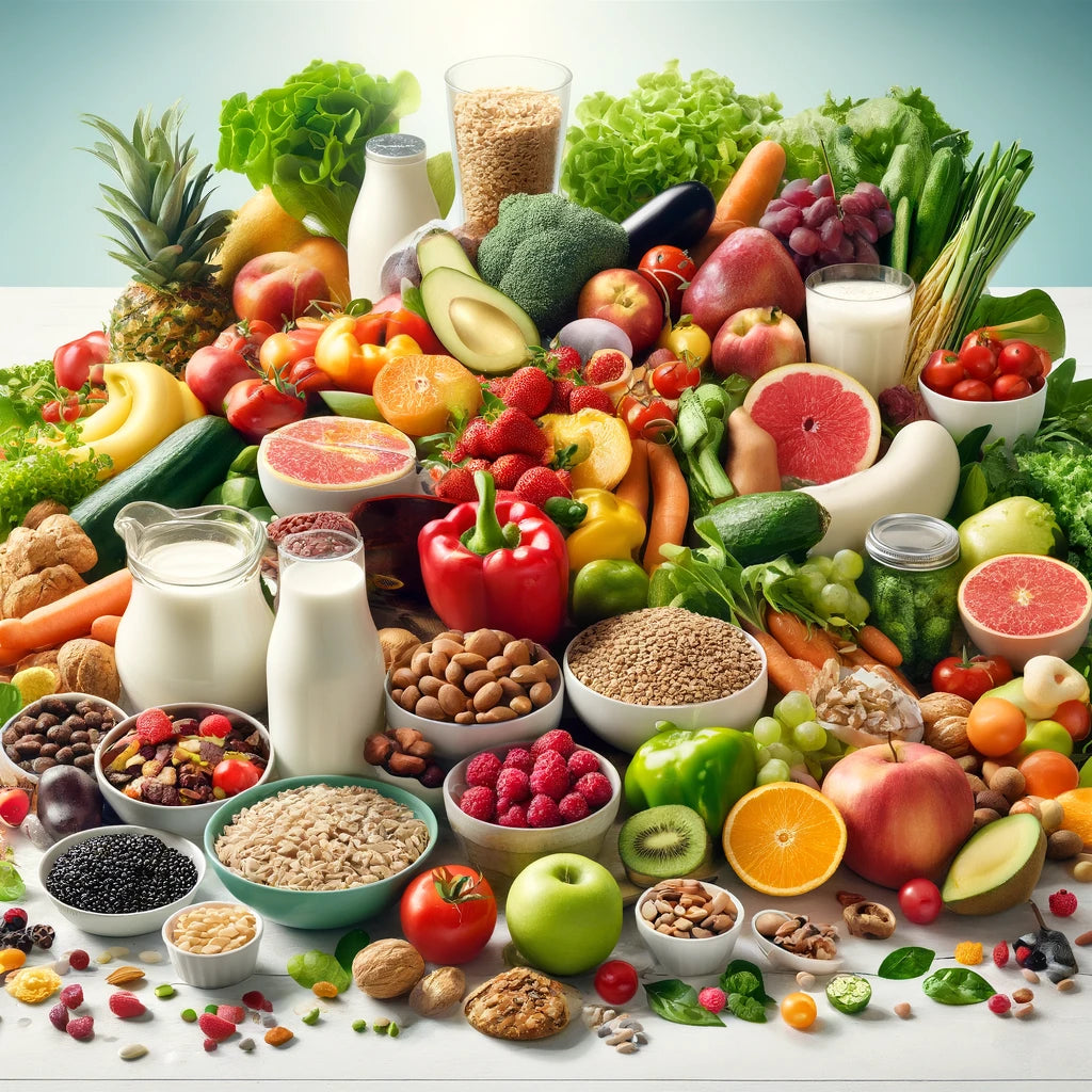 Seleção variada de fruta, legumes e outros alimentos