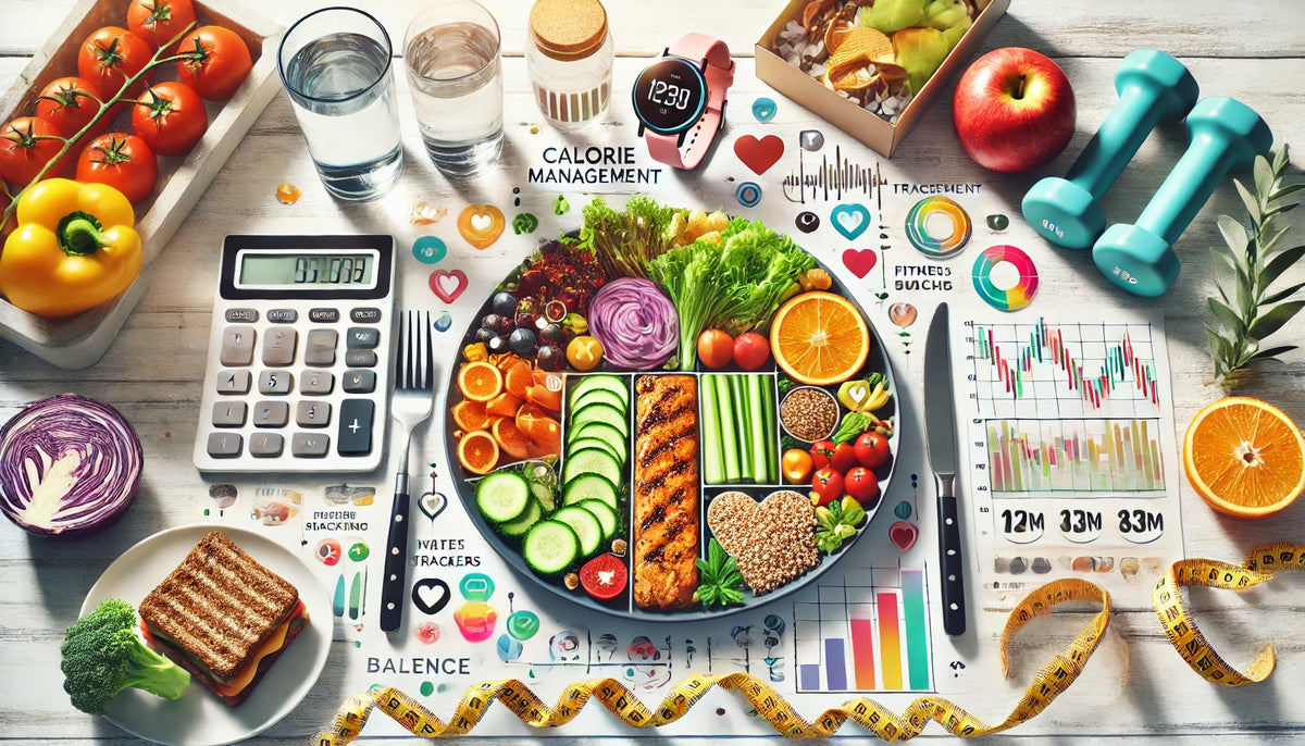 Composição de alimentos, calculadora, fita métrica e halteres