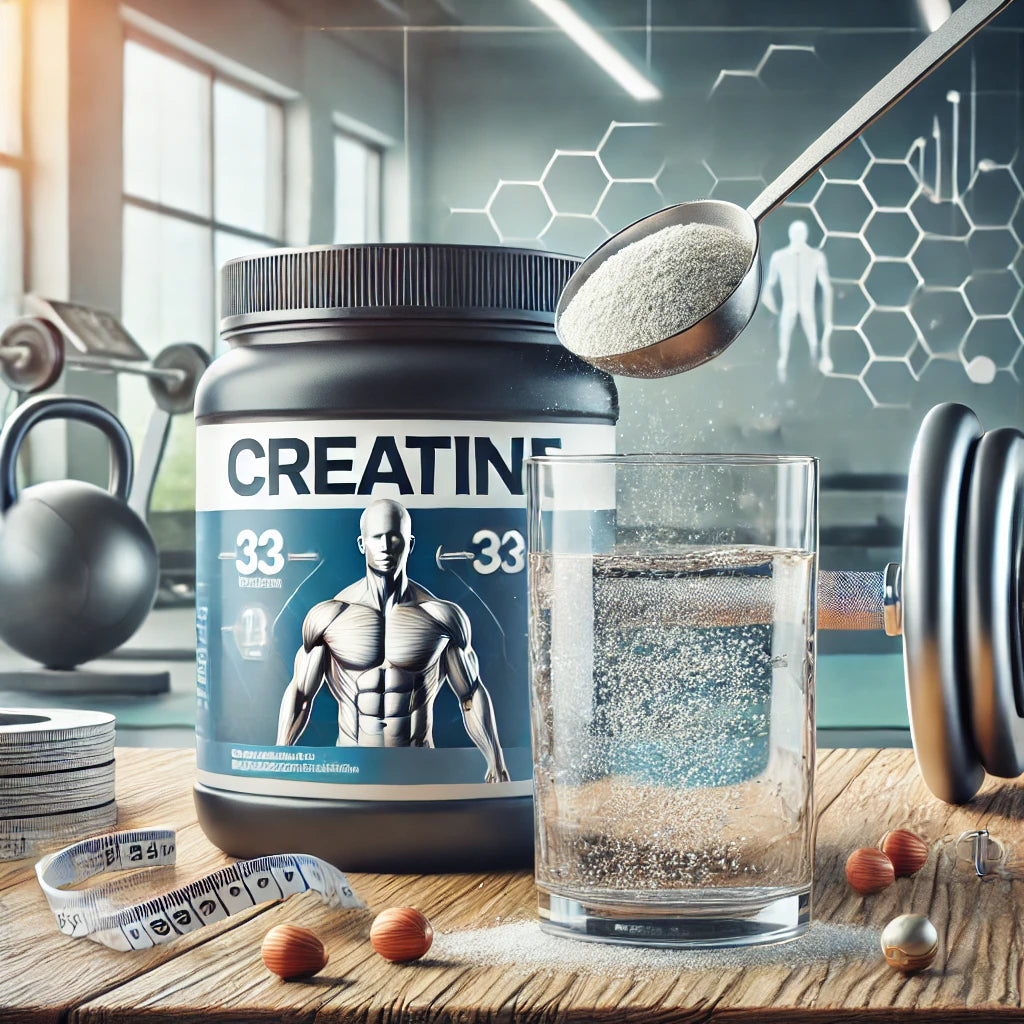 Embalagem e dose de creatina junto a equipamento de musculação