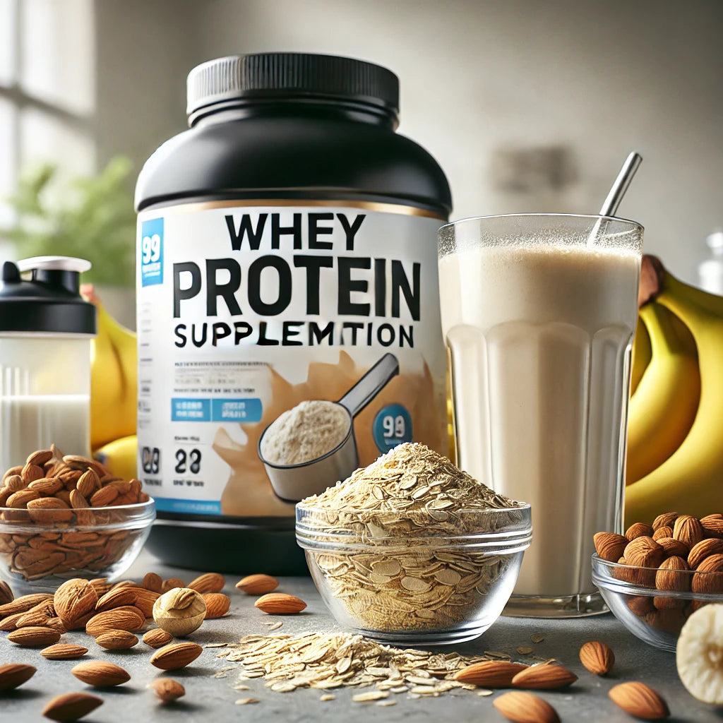 Embalagem de whey protein junto a banana, aveia e um batido